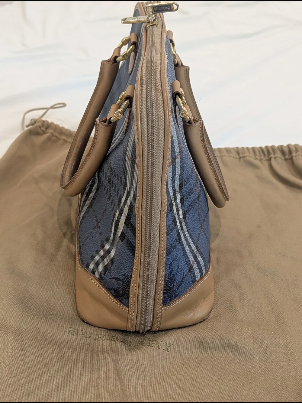Vintage Burberrys Of London Blue Nova Check Bowling Satchel with Tan Leather